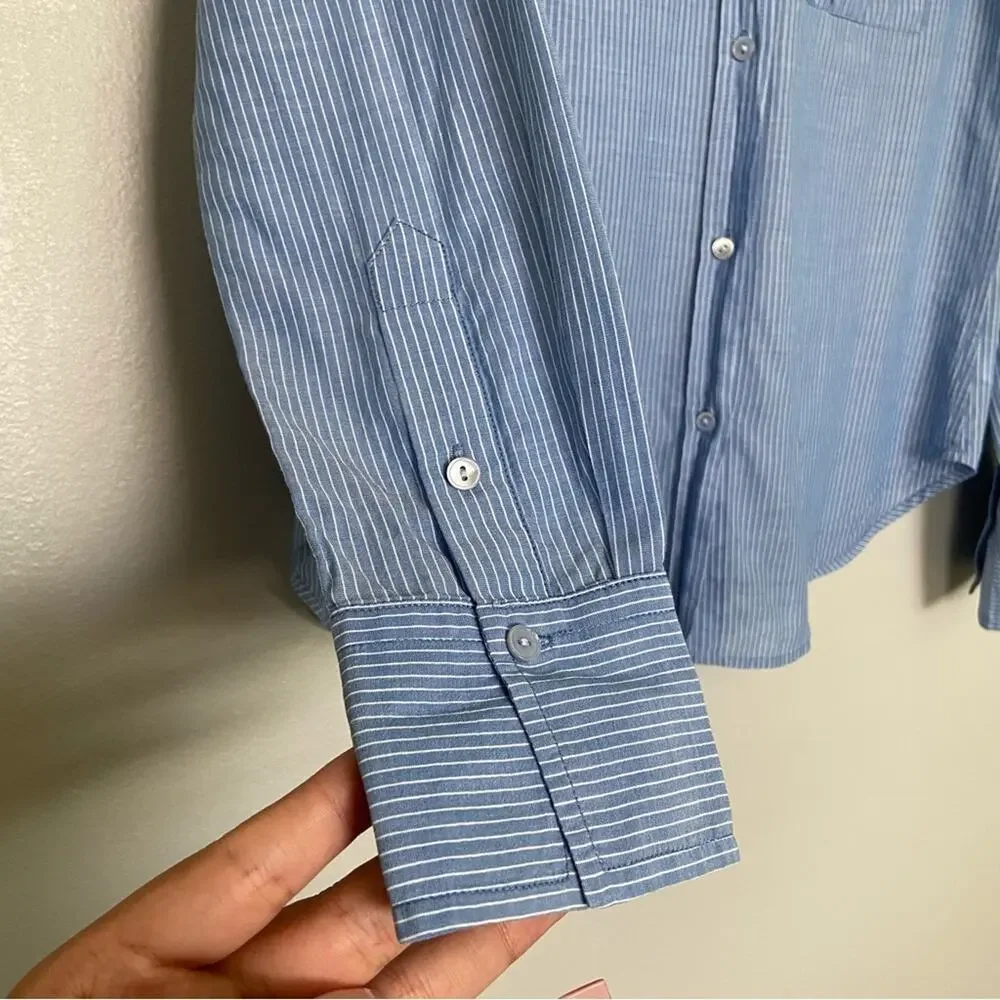 Vince Striped Button Up Double Pocket Cotton Blouse